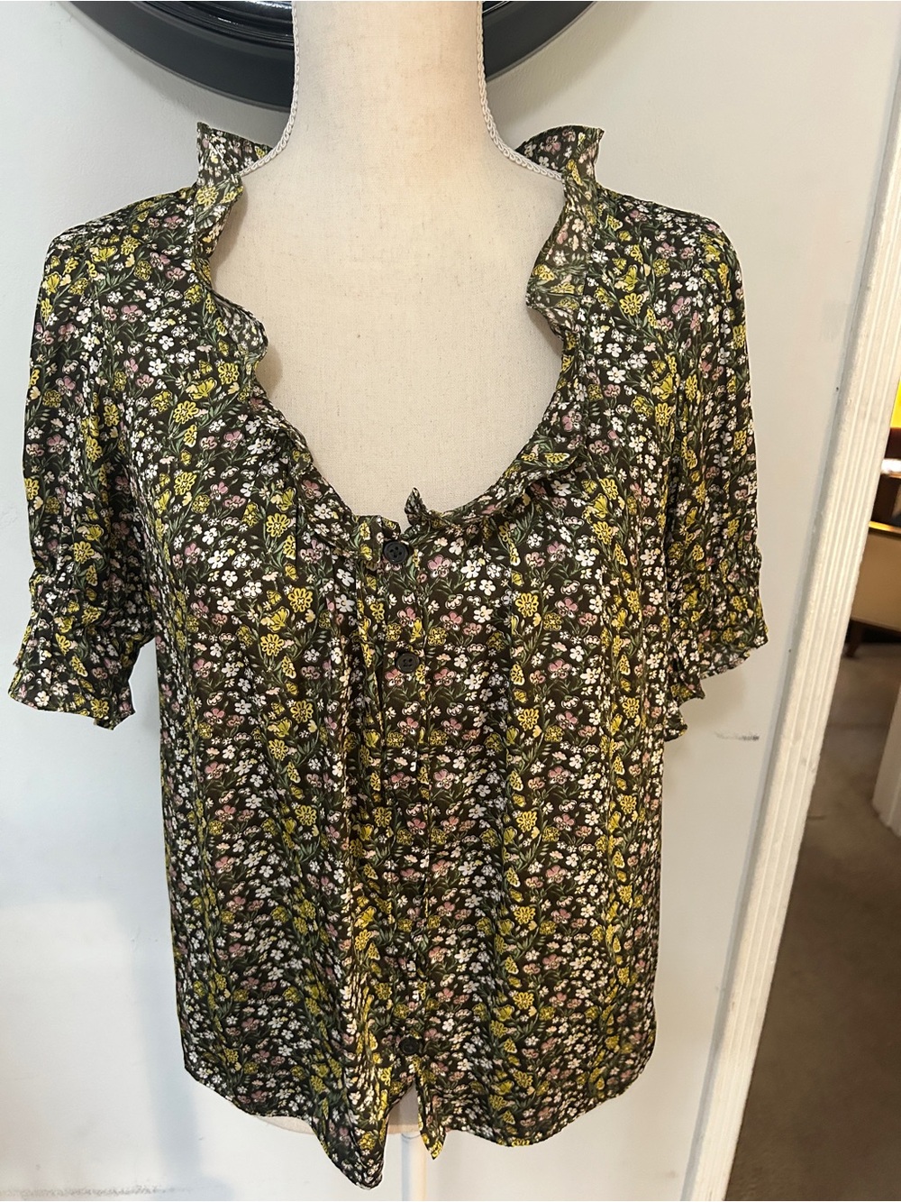 J. Crew Black Floral Ruffle Button-Front Top